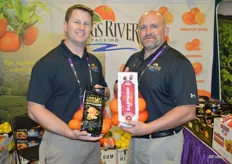 Andrew Horn and Duncan Marriott with Kings River Packing show California grown Gold Nugget mandarins and Raspberry Oranges.